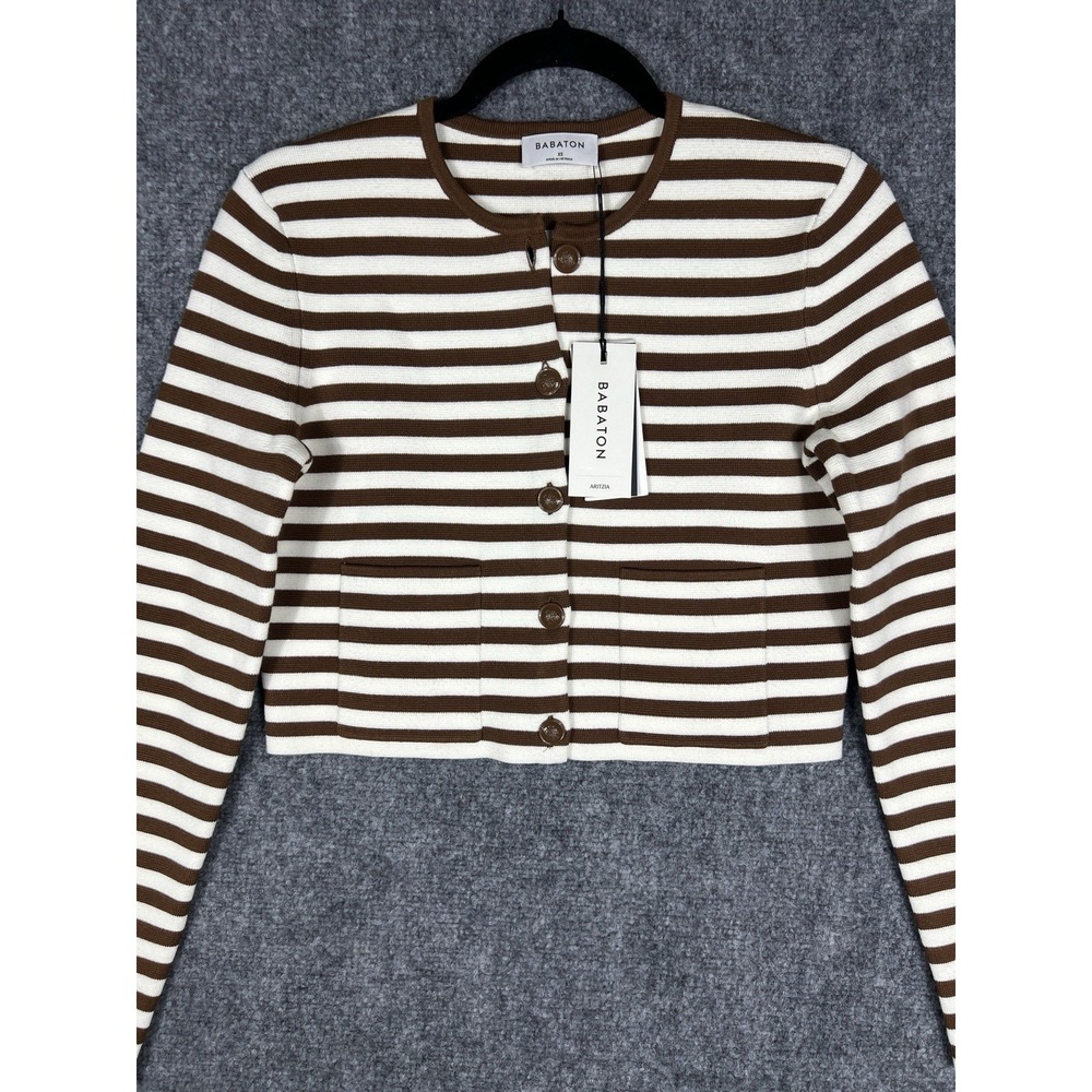 Aritzia Babaton Notable Cardigan XS Brown White Striped Cropped NWT - Picture 14 of 15
